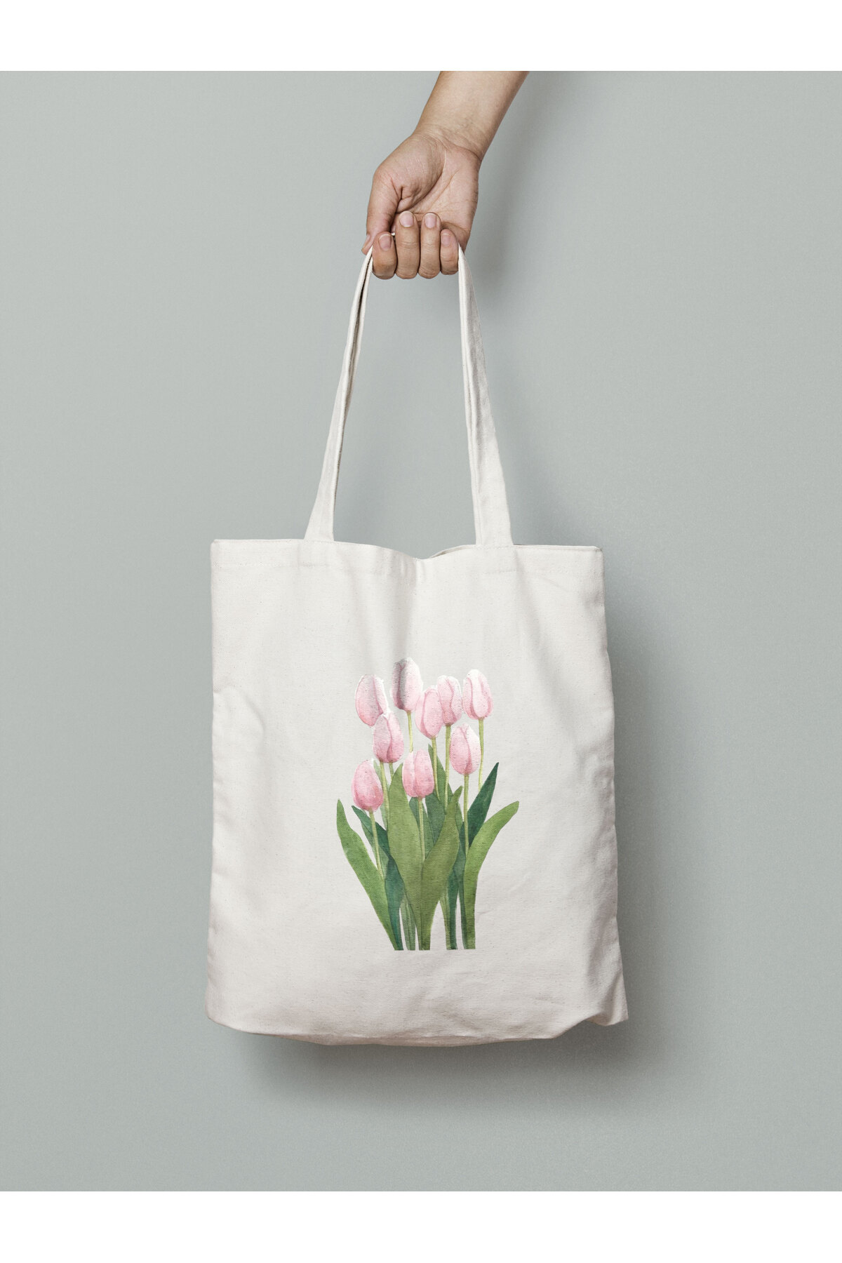 Pembe Lale Desenli Bez Çanta 35x40cm - Tote Bag- Çiçek Desenli ÇANTA
