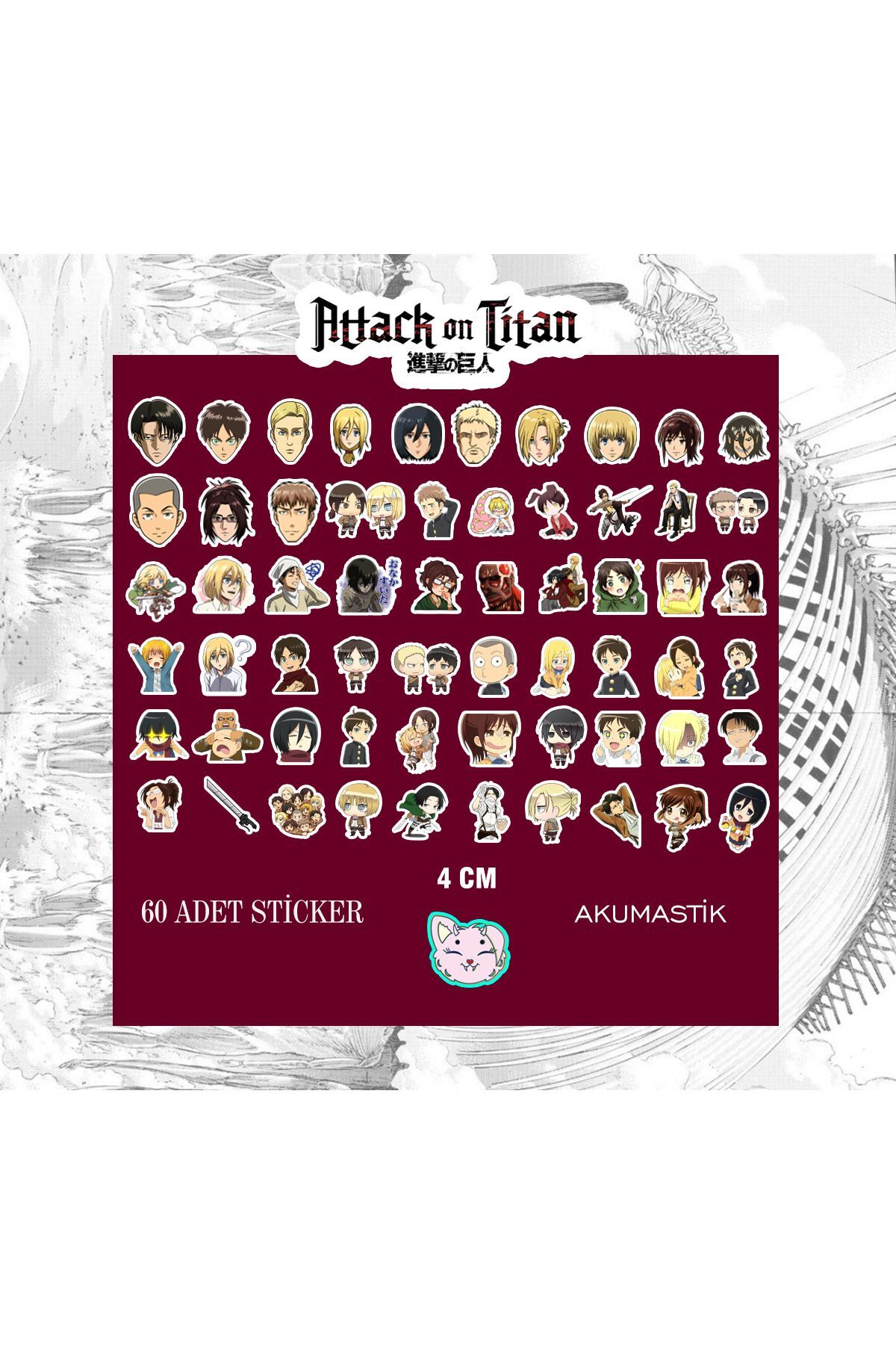 Attack on Titan Sticker seti 60 adet - Anime sticker - Parlak sticker
