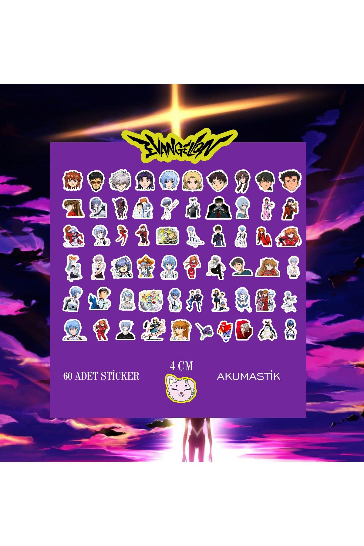 Neon Genesis Evangelion Sticker Seti 60 Adet - Anime Sticker - Parlak Sticker
