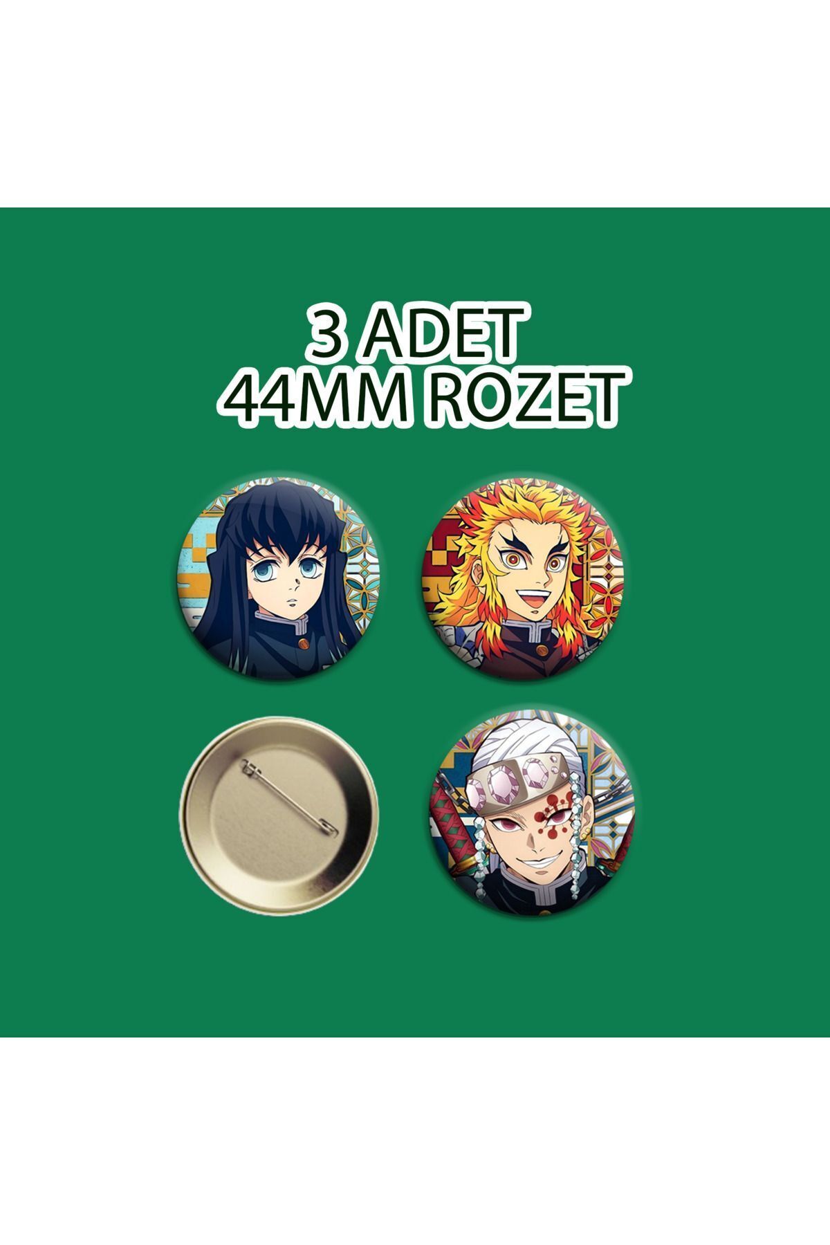 Demon Slayer Kyojuro Rengoku Muichiro Tokito Tengen Uzui 3 adet Rozet Seti 44MM - İğneli Buton Rozet