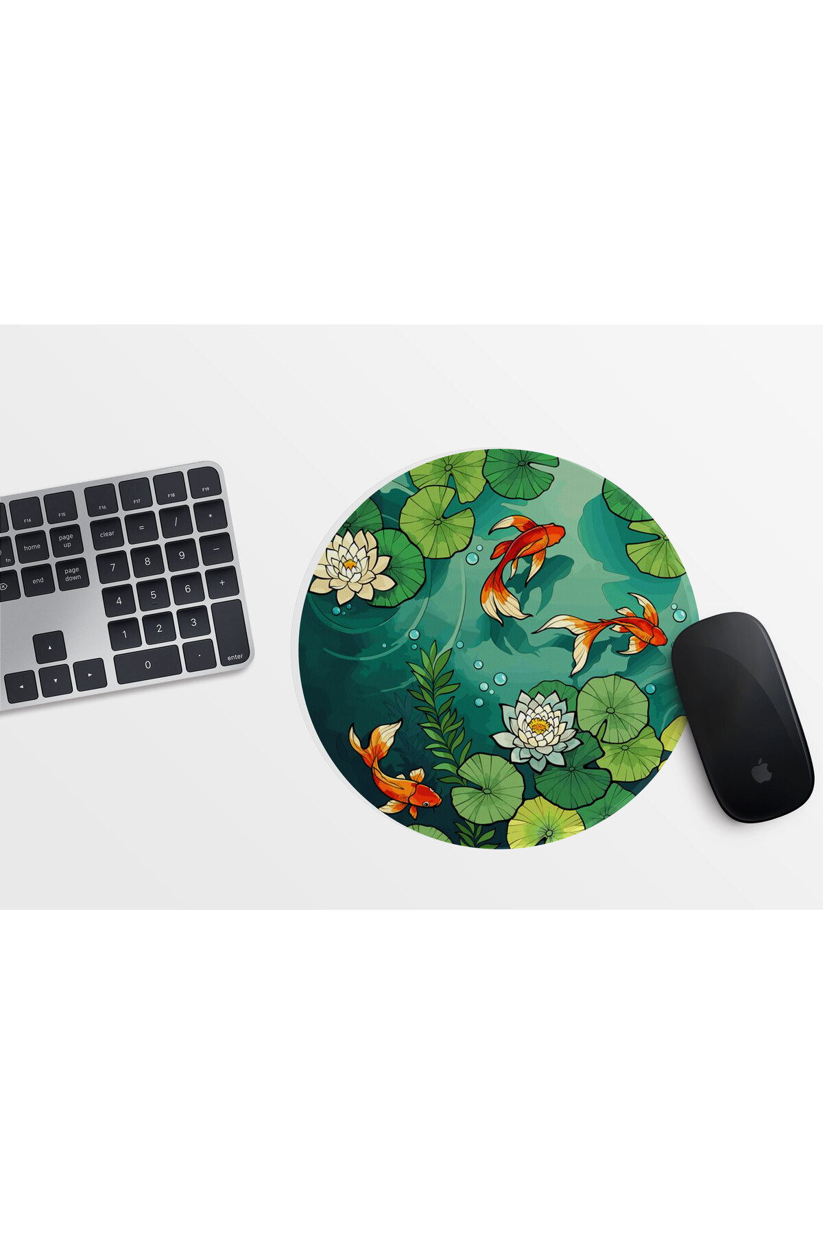 Japon Balığı Nilüfer Desenli Yuvarlak Mousepad 20cm - Japon Tarzı
